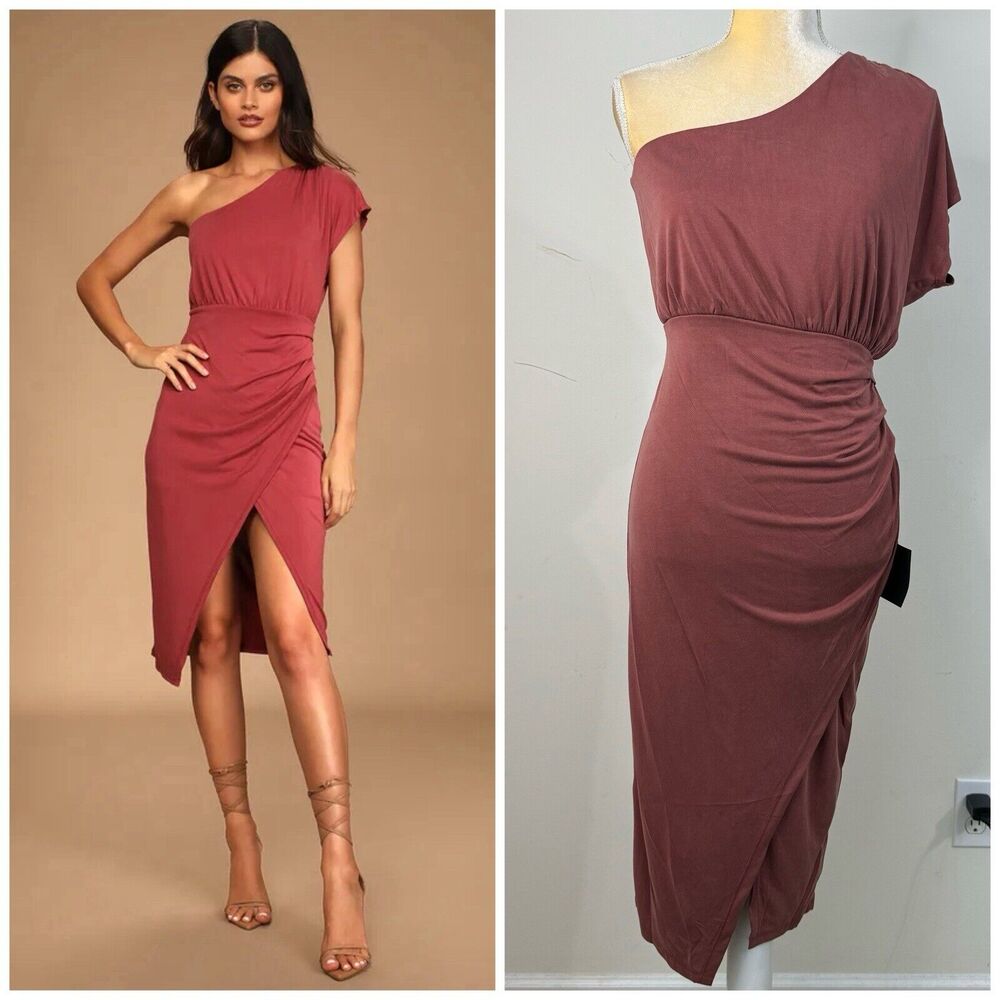 NWT Lulus Raise A Glass Rusty Rose One-Shoulder Midi Dress Size S